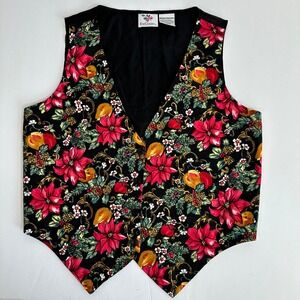 NutCracker Womens Holiday Vest Medium Black Red Poinsettia‎ Christmas Festive